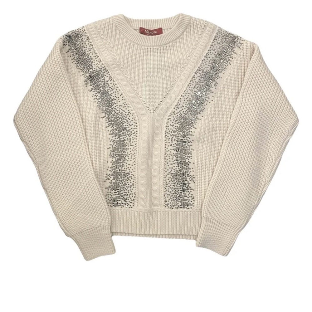 MaxMara Studio Lessy Ribbed Bead Embellished 100% Virgin Wool Sweater. Size Sm